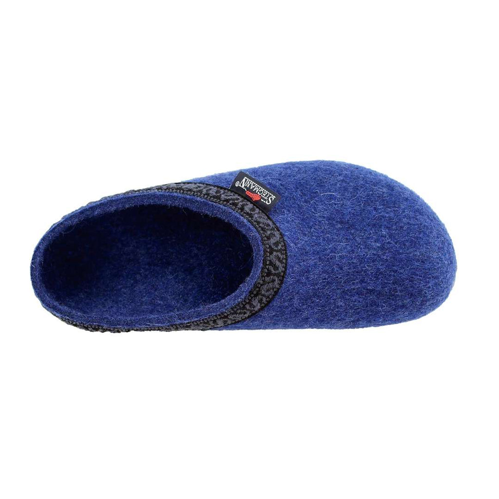 A single Women's Original 108 Wool Clog - Medium in blue, crafted from Merino wool felt and accented with a sleek black trim, is seen from above against a stark white background. Its cork & latex sole ensures comfort and durability with every step.