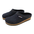 Introducing the Women's Original 108 Wool Clog - Wide, designed with black Merino wool felt and featuring a brown cork support sole, along with a decorative pattern along the rim.