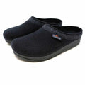 Men's WoolFlex black Merino wool clogs feature decorative trim, superb arch support, and a brand label on the side.