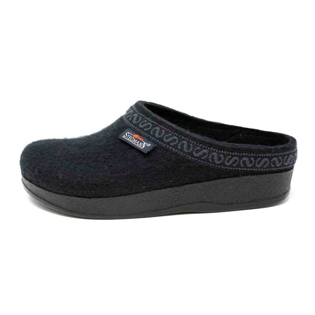 The Women's WoolFlex Wool Clog - Wide in black is a slip-on clog featuring decorative trim around the opening, with a textured sole and excellent arch support.