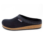 The Men's Original 108 Wool Clog is a black felt slipper designed for men, featuring a supportive cork sole, decorative trim on the upper edge, and luxurious Merino wool for enhanced comfort.