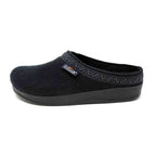 Men's WoolFlex Wool Clog in black, slip-on Merino wool design with embroidered trim and thick supportive sole with arch support, displayed side view on a plain white background.