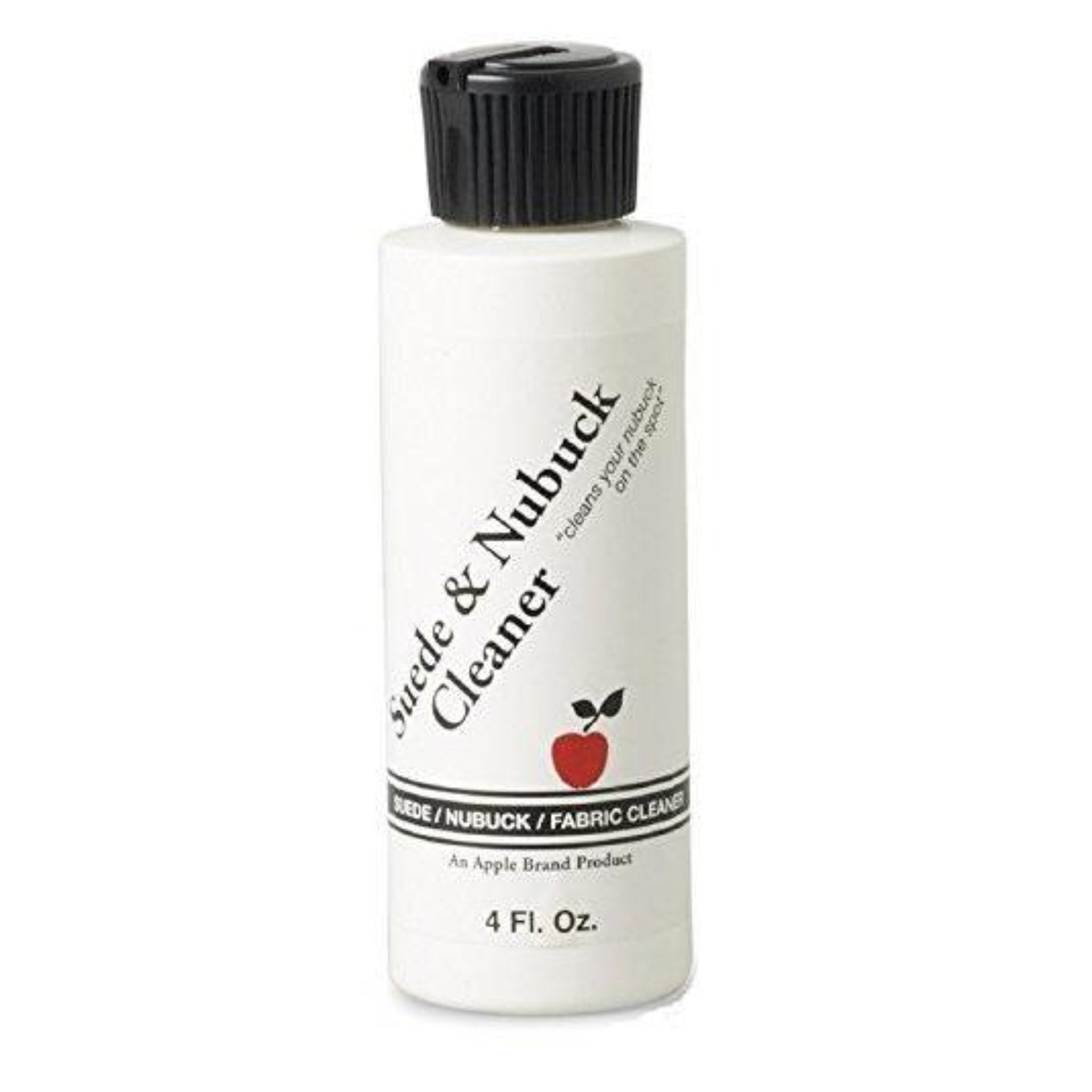 A 4 fl. oz. bottle of Apple Suede and Nubuck Cleaner, complete with a black cap, is expertly labeled as a suede cleaner and nubuck stain remover, ideal for thorough fabric care.