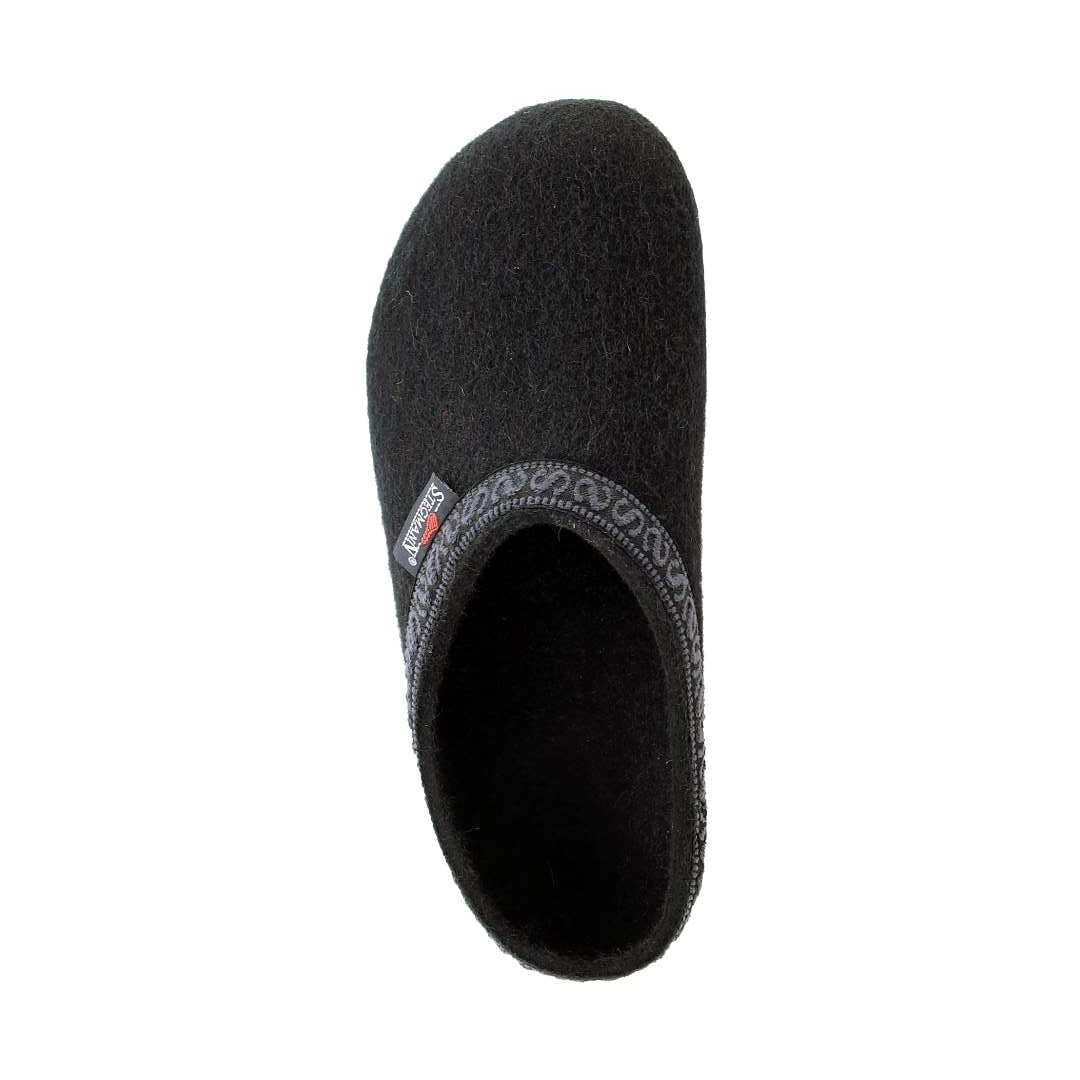 The Women's WoolFlex Wool Clog - Wide is a dark gray Merino wool slipper with a soft texture and subtle patterned trim around the opening, featuring a cushioning clog design for enhanced arch support, shown from above on a white background.