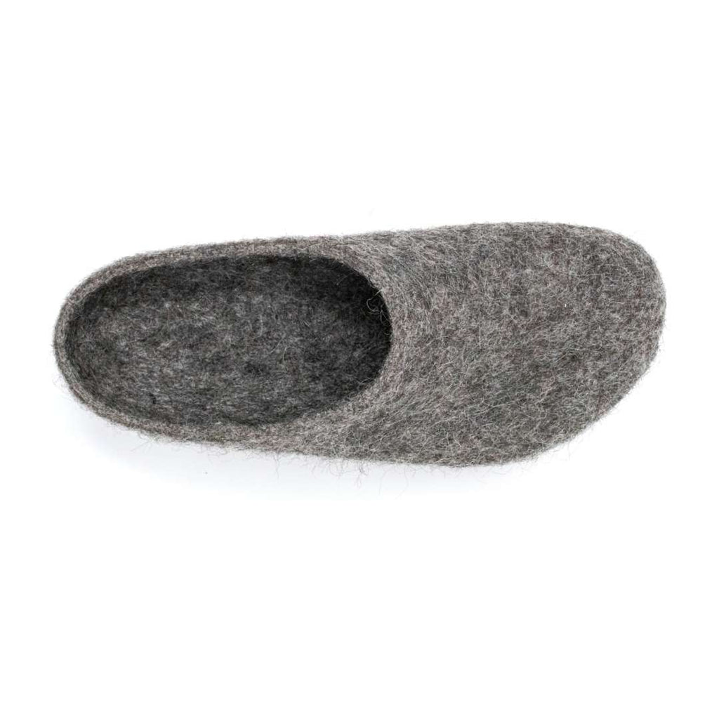 A single Men's Eco Wool Clog in gray, made from sustainable wool, is viewed from above on a white background.