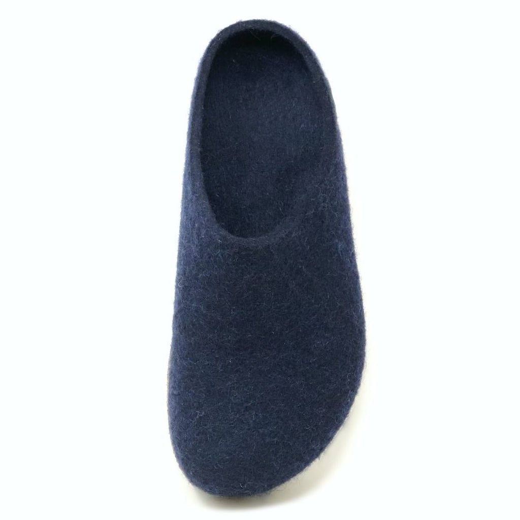 The Women's Essenz Wool Clog in navy blue, designed for comfort with a cork/latex footbed, is displayed from above against a plain white background.