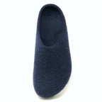 The Women's Essenz Wool Clog in navy blue, designed for comfort with a cork/latex footbed, is displayed from above against a plain white background.