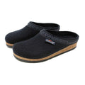Introducing the Women's Original 108 Wool Clog - Medium: a chic pair of black slip-on clogs crafted from Merino wool felt, complete with cork and latex soles and a stylish patterned trim.
