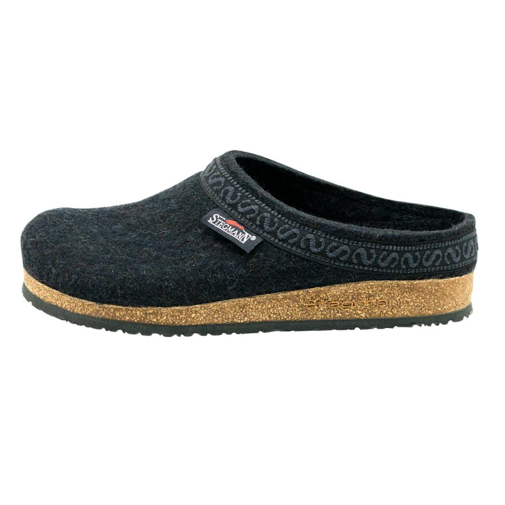Product Name: Women's Original 108 Wool Clog - Medium  
Description: A side view of a single dark gray clog for women, made from Merino wool felt with a cork and latex sole, complete with decorative trim.