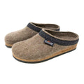 A pair of Women's Original 108 Wool Clog - Medium in brown felt, featuring a black decorative band and an orthopedically shaped cork footbed, displayed on a white background.
