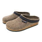 A pair of Women's Original 108 Wool Clog - Medium in brown felt, featuring a black decorative band and an orthopedically shaped cork footbed, displayed on a white background.