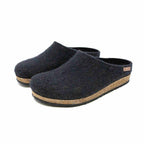 A pair of Men's Essenz Wool Clogs in dark gray, made from a Merino wool blend with comfortable cork/latex footbeds, displayed on a white background.
