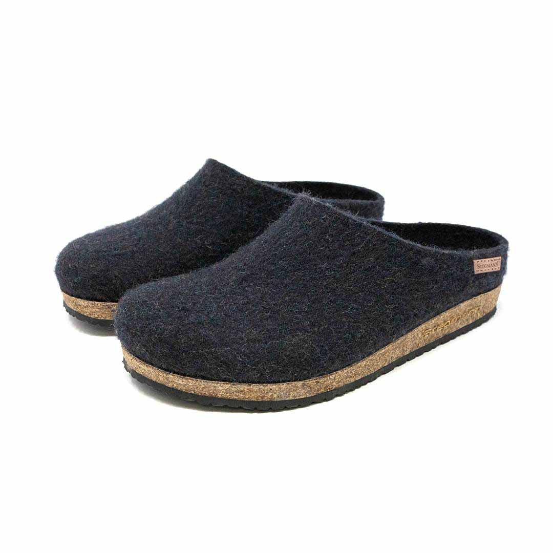 A pair of Men's Essenz Wool Clogs in dark gray, made from a Merino wool blend with comfortable cork/latex footbeds, displayed on a white background.