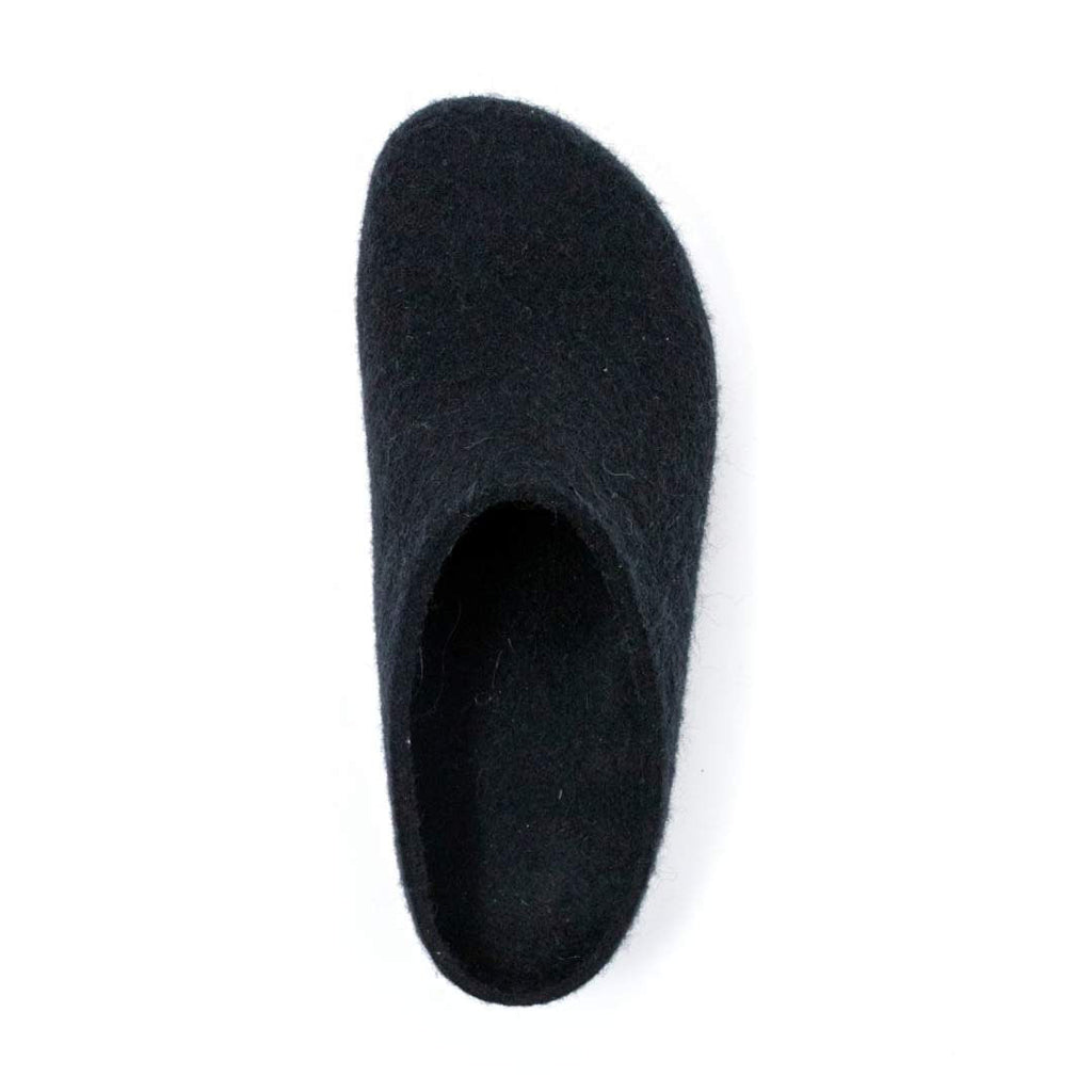 Displayed from an overhead perspective on a plain white background, the Women's Essenz Wool Clog boasts a comfortable Merino wool exterior in black and is expertly designed for comfort with its cork/latex footbed.