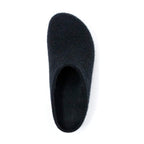 Displayed from an overhead perspective on a plain white background, the Women's Essenz Wool Clog boasts a comfortable Merino wool exterior in black and is expertly designed for comfort with its cork/latex footbed.