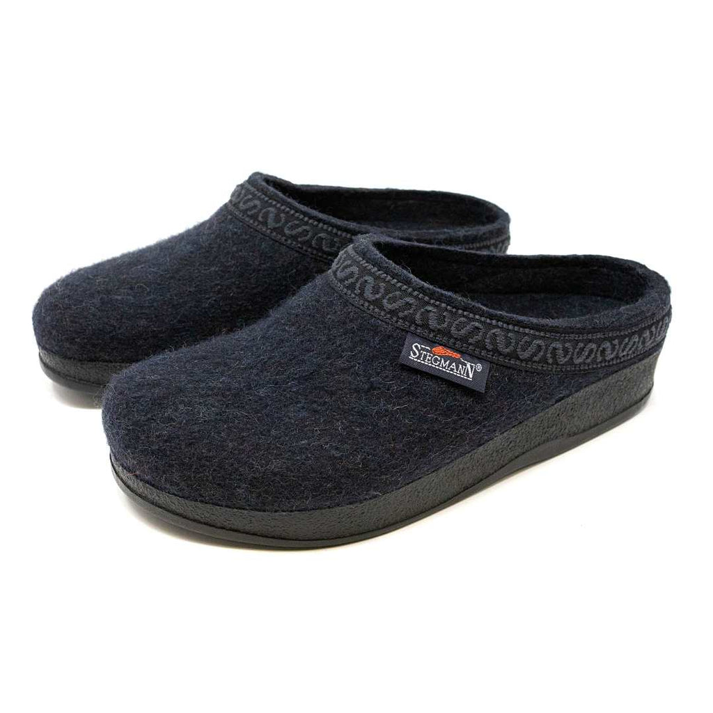 Women's WoolFlex Wool Clog - Medium are dark gray slip-on clogs with anatomically contoured black soles, featuring a decorative pattern around the opening. Enjoy ultimate cushion comfort with a Merino wool upper for added style and coziness.