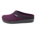 The Women's WoolFlex Wool Clog in maroon Merino wool has a black sole and trim, arch support, and a small brand label on the side.