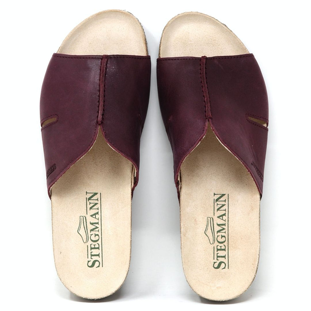 A pair of Women's Layna Leather Wedge Sandals with a stylish brown leather slip-on design, cream insoles, cushioned suede footbed, and sustainable cork midsole, viewed from above.