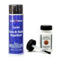 The Leather & Cork Care Kit - Protector & Sealer, featuring a can of Apple Brand Garde Rain & Stain Repellent leather protector spray and a bottle of Stegmann Cork Sealer with an applicator brush—ideal for maintaining your Stegmann leather shoes and protecting cork soles—is shown on a white background.