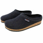 The Men's Original 108 Wool Clog in dark gray is crafted from soft Merino wool and features a supportive cork sole with black trim. Adorned with a small logo tag on the side, these clogs offer style and comfort in every step.