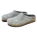 The Men's Eco Wool Clogs, made from sustainable wool with gray woolen tops and cork soles, are displayed on a white background.