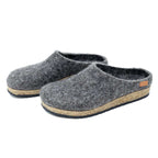 A pair of Men's Eco Wool Clogs crafted from sustainable wool with cork soles on a white background.