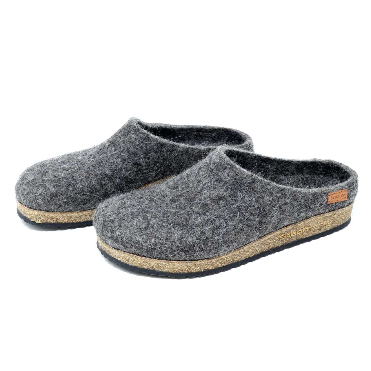 A pair of Men's Eco Wool Clogs crafted from sustainable wool with cork soles on a white background.