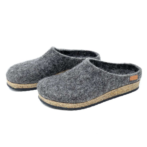 A pair of Men's Eco Wool Clogs crafted from sustainable wool with cork soles on a white background.