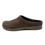 The Men's Halstatt Wool Lined Leather Clog is a single brown slip-on crafted from nubuck leather, featuring a textured sole and cozy felt lining.