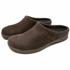 Men's Halstatt wool-lined leather clog in dark brown features a textured rubber sole and fuzzy felt lining.