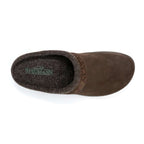 The Men's Halstatt Wool Lined Leather Clog in brown suede features a plush interior, decorative trim, and a durable rubber sole when viewed from above.