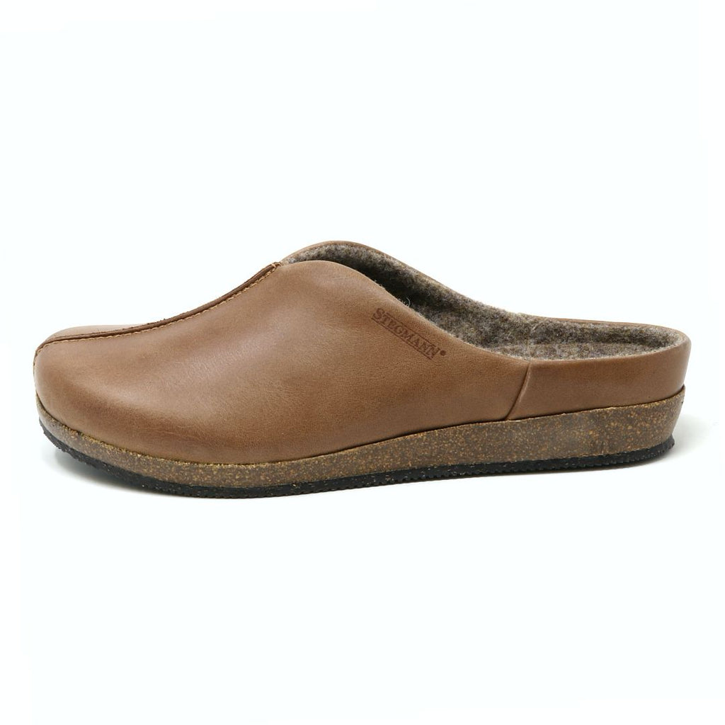 Women's Maria Leather Mule: A brown slip-on with wool-lined upper and textured sole.