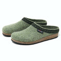 The Women's Original 108 Wool Clog - Medium features green felt with black trim and cork soles, providing an orthopedically shaped sole for ultimate comfort.