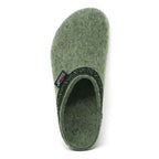 The Women's Original 108 Wool Clog - Medium is a single green slipper made from Merino wool felt, highlighted with a black patterned trim and viewed from above. It elegantly features a cork and latex sole.