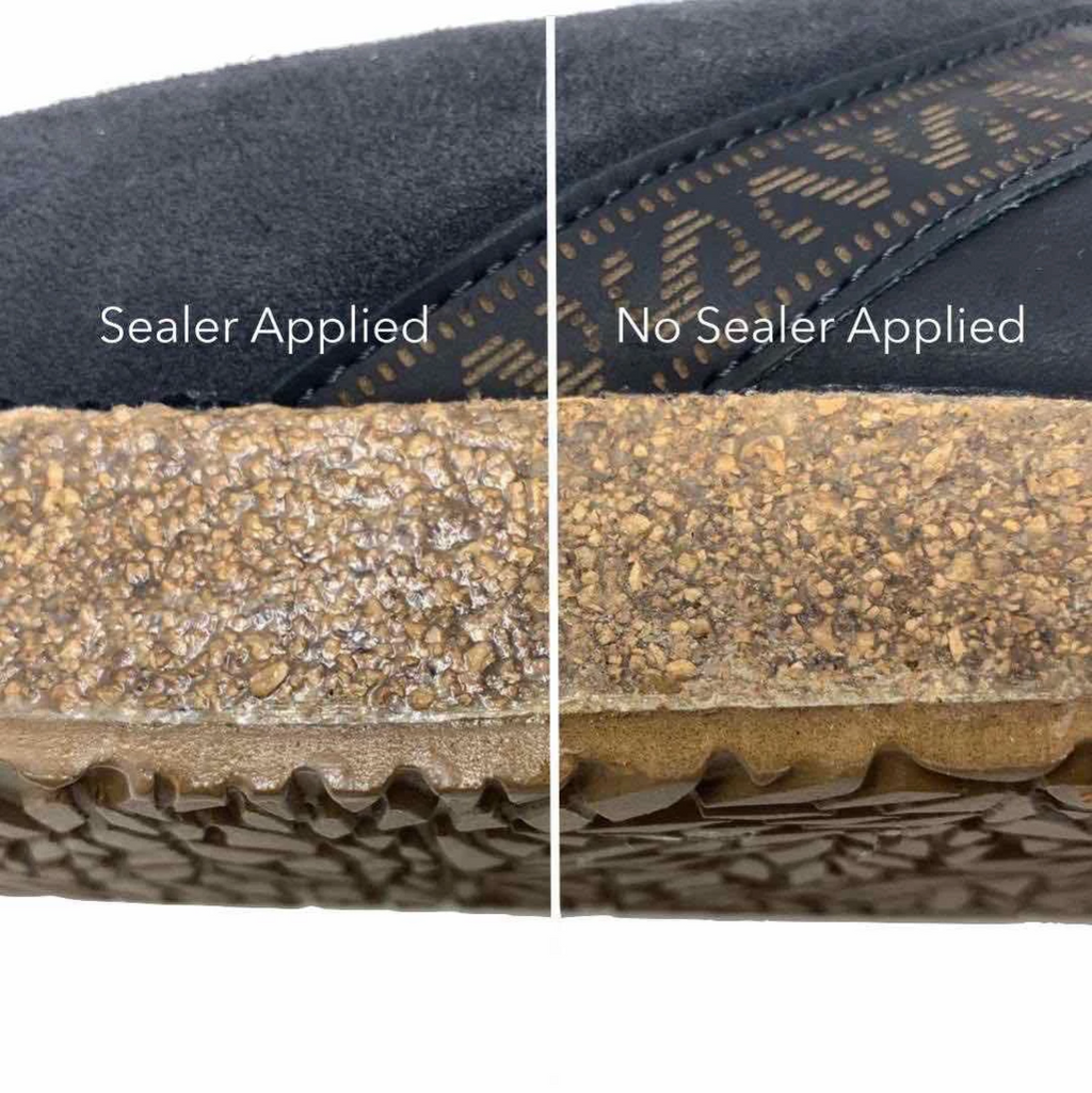 The shoe sole is shown half-treated with Stegmann Cork Sealer, highlighting a darker, glossy finish, while the untreated half exhibits a lighter, matte texture.