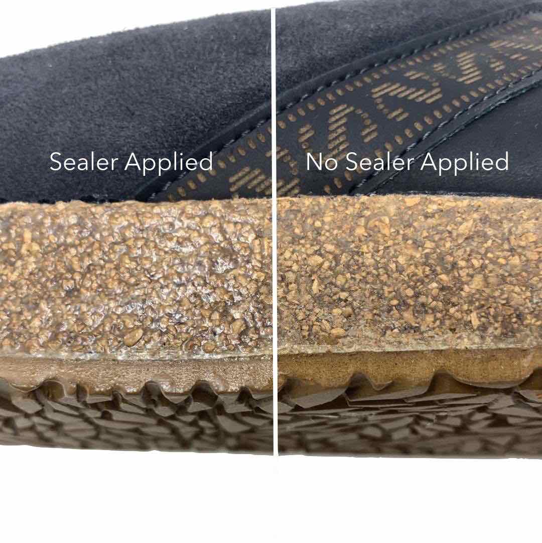 A Stegmann clog sole close-up shows "Cork Sealer Applied" with a glossy finish on the left, and "No Sealer Applied" with a matte look on the right, demonstrating the protective qualities offered by the Wool & Cork Care Kit - Brush & Sealer for your favorite wool clogs.