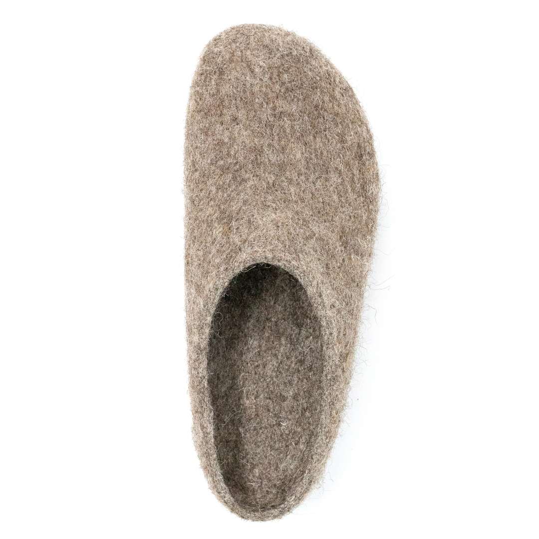 A top-down view displays a Women's Eco Wool Clog in tan, crafted from sustainable wool. It features an innovative cork latex footbed for comfort and support, set against a clean white background.