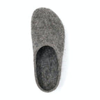 The Women's Eco Wool Clog, featuring a gray felt design, is showcased from above on a white background. It boasts a cork latex footbed, marrying comfort with eco-friendly sustainability.