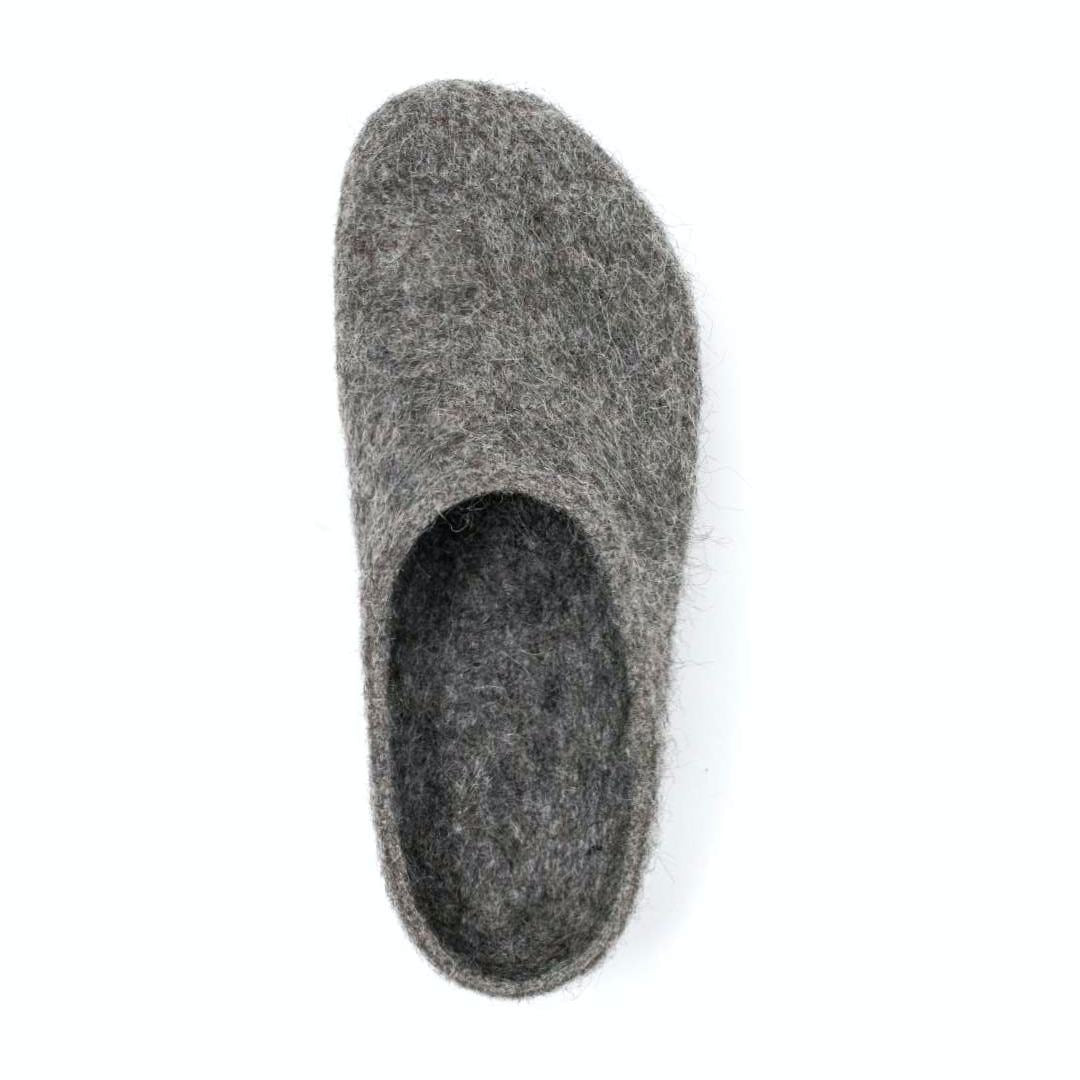 The Women's Eco Wool Clog, featuring a gray felt design, is showcased from above on a white background. It boasts a cork latex footbed, marrying comfort with eco-friendly sustainability.